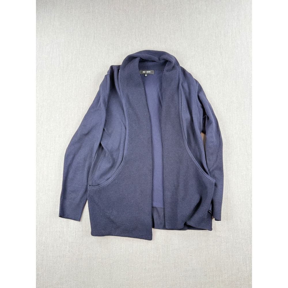 Chloe + Jasmine Navy Blue Open Front Waffle Knit Shawl Cardigan Sweater Medium